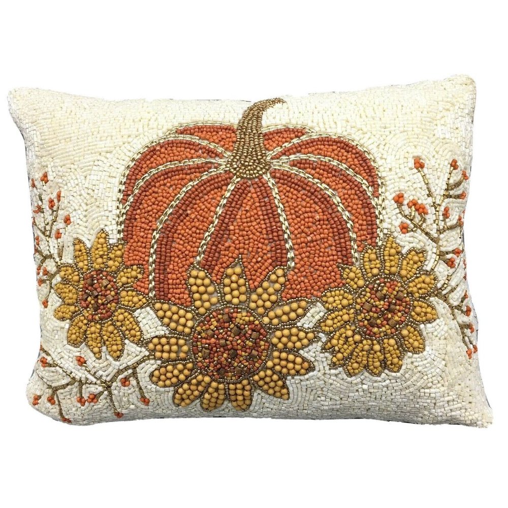 Autumn Hill Beaded Orange Pumpkin Sunflowers Accent Pillow Fall Autumn Decor